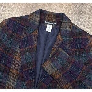 Vintage Plaid Wool Blazer Womens 16 Purple Blue Dark Academia 80s Preppy
